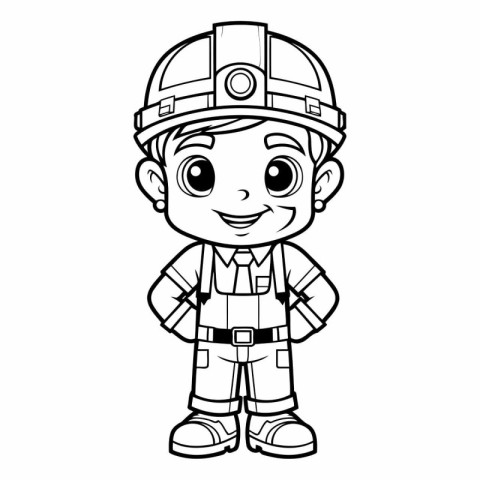 Black and White Cartoon Illustration of Cute Little Fireman Char