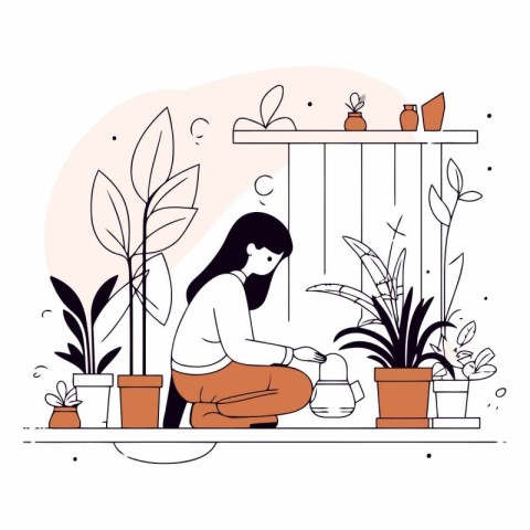 Girl watering houseplants. Home gardening concept.