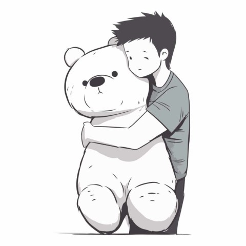 Vector illustration of a boy hugging a big white teddy bear.