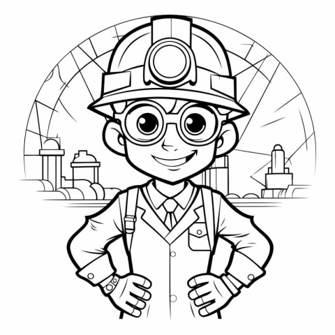 Black and White Cartoon Illustration of Kid firefighter or firem