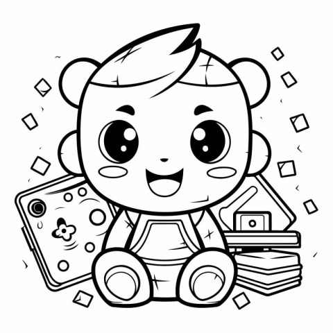 Black And White Cartoon Illustration of Cute Baby Boy Playing Ga