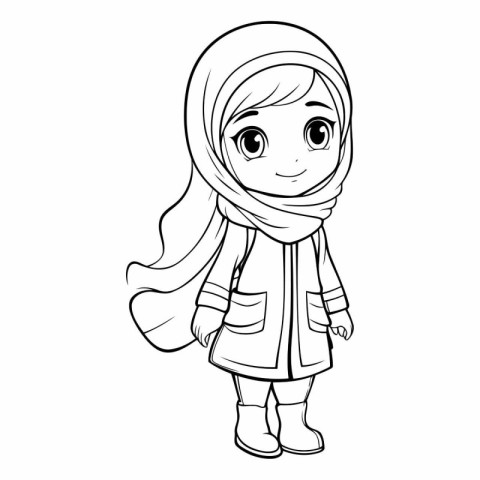 Cute little girl in winter clothes for coloring book.