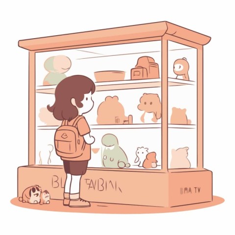 Illustration of a girl standing in front of a shelf full of toys