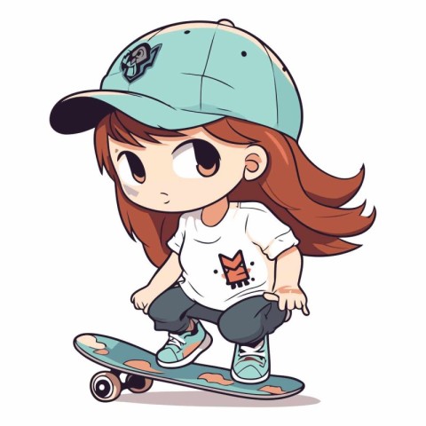 Cute Little Girl Skateboarder Cartoon Character Vector Illustrat