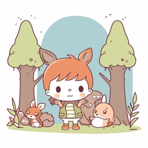 cute little boy with animals in the forest vector illustration g