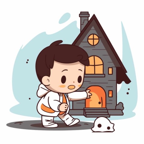 Cute little boy playing with house in cartoon style.