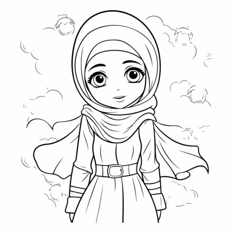 Cute muslim girl in hijab for coloring book.