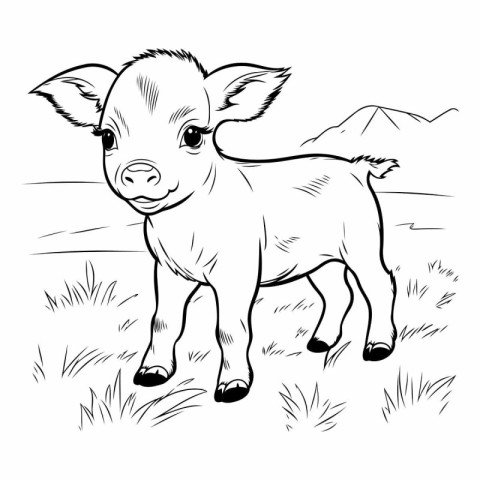 Vector image of a cute little pig on a meadow. Farm animal.