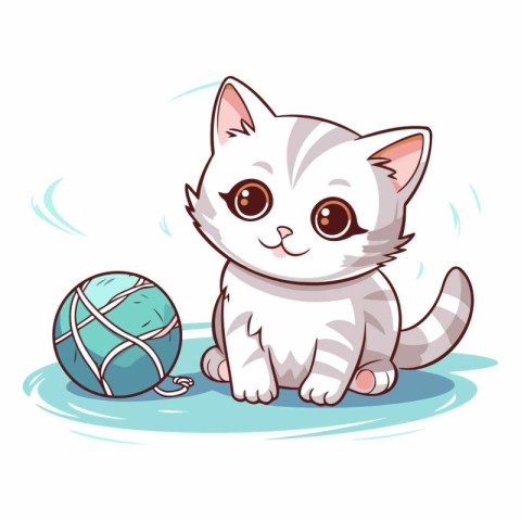 Cute kitten playing with a ball of yarn.