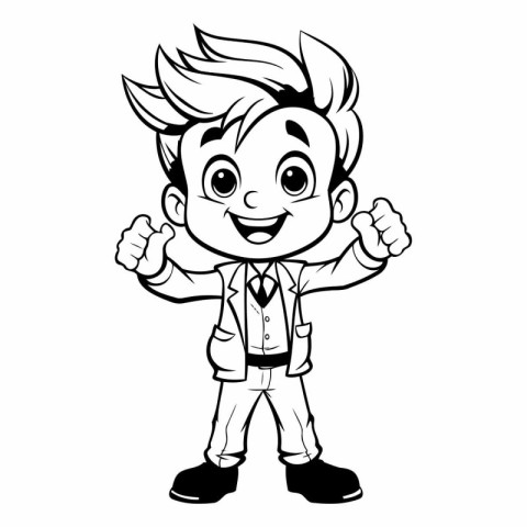 Funny Boy Cartoon Character - Black and White Vector Illustratio