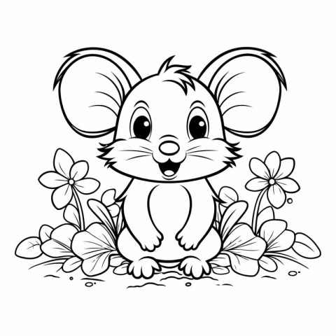 Cute mouse with flowers. Coloring book.