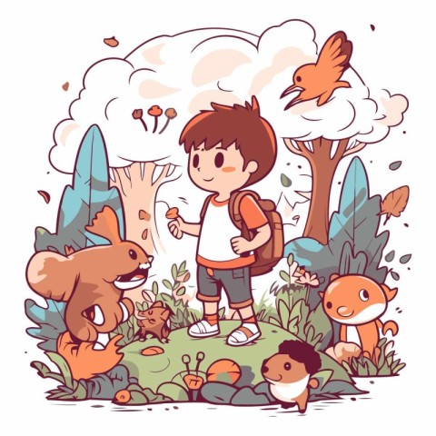 Cute little boy and animals in the park.