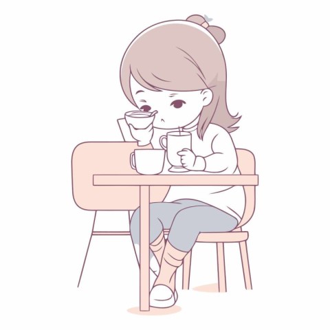 Girl sitting at the table with a cup of coffee.