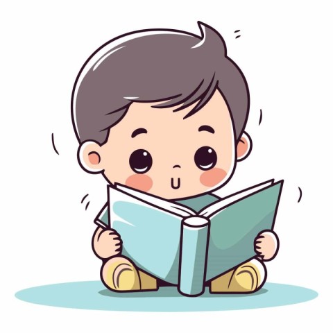 Cute little boy reading a book in cartoon style.