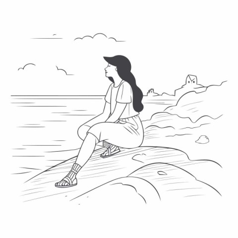 Vector illustration of a girl sitting on the rock on the seashor