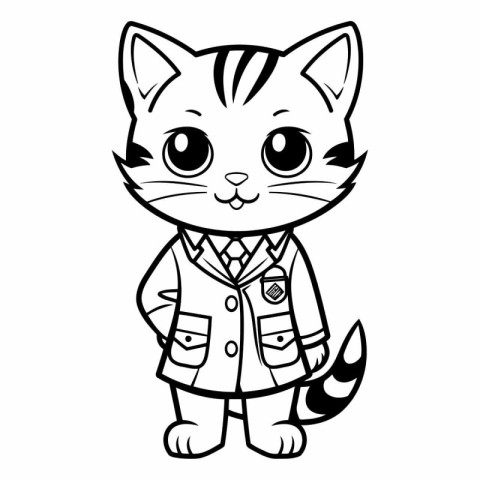 Black and White Cartoon Illustration of Cute Little Cat in Unifo