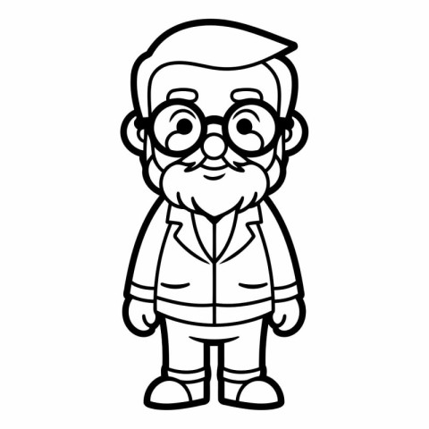 Black and White Cartoon Old Man with Glasses Vector Illustration