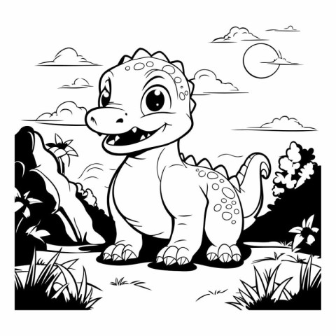 Cute Cartoon Dinosaur - Black and White Vector Illustration for