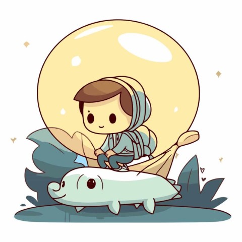 Illustration of a Kid Boy Visiting the Sea with a Cute Fish