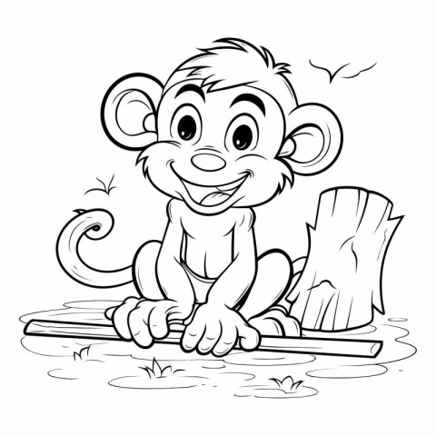 Monkey sitting on a log and smiling - black and white vector ill