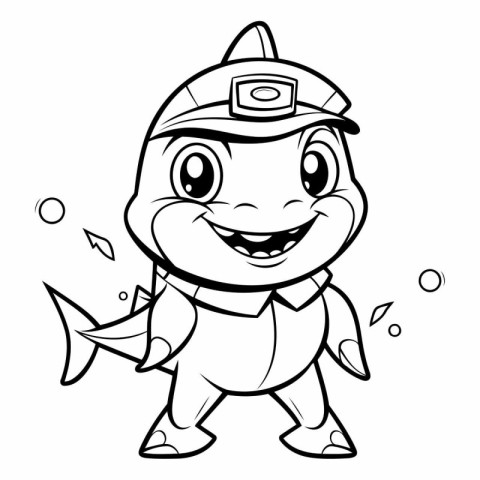 Black and White Cartoon Illustration of Cute Little Fisherman Ch