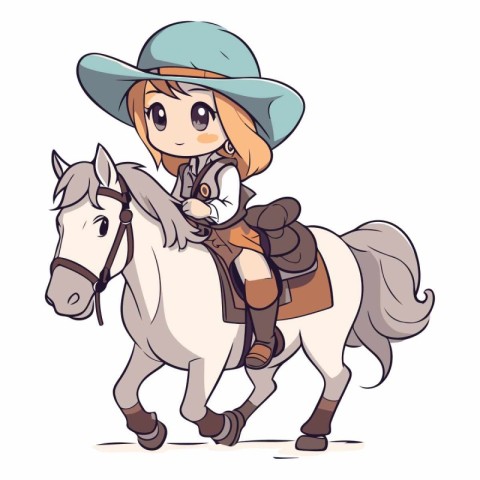 Illustration of a Cute Little Girl in Cowboy Hat Riding a Horse