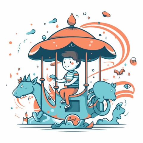 Boy riding on a carousel in cartoon style.