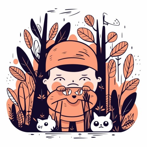 Cute cartoon boy with cat in the forest.