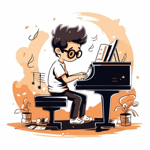 Pianist playing on the piano in cartoon style.