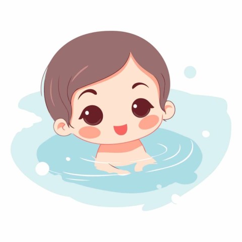 Cute little boy swimming in a pool on white background.