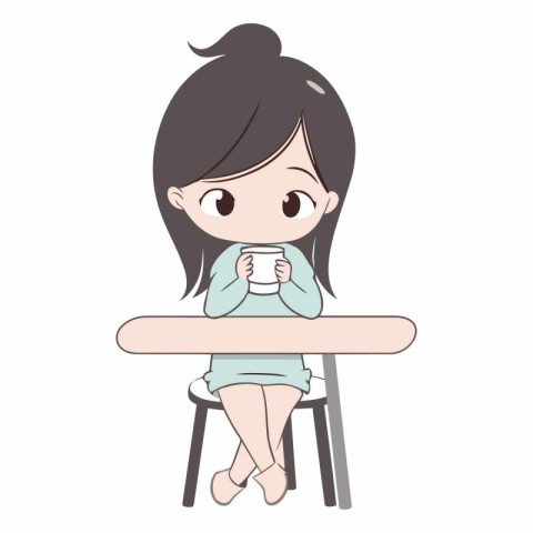 cute little girl sitting at table with coffee cup vector illustr