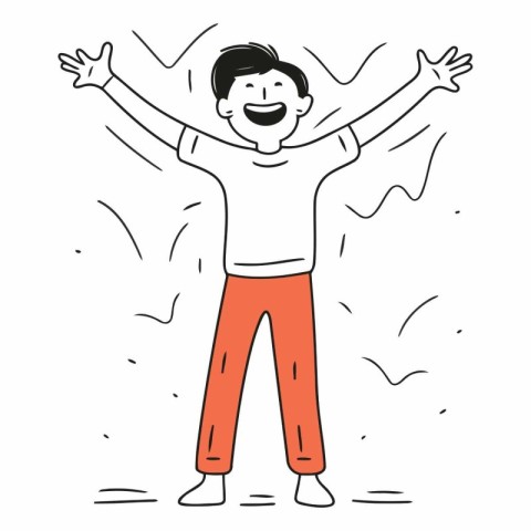 Happy man with hands up in doodle style.