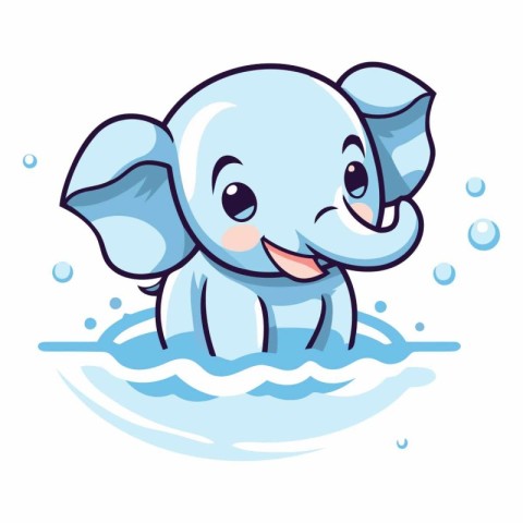 Cute cartoon baby elephant swimming in the sea.