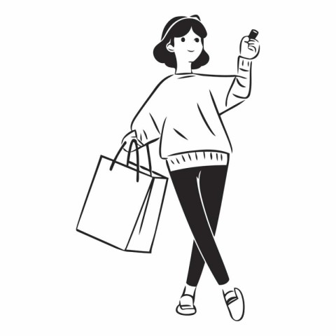 Woman with shopping bags and credit card. Black and white vector