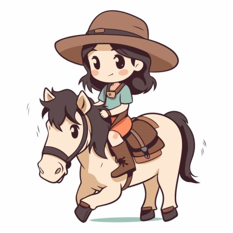 Illustration of a Cute Little Girl Wearing a Cowboy Hat and Ridi