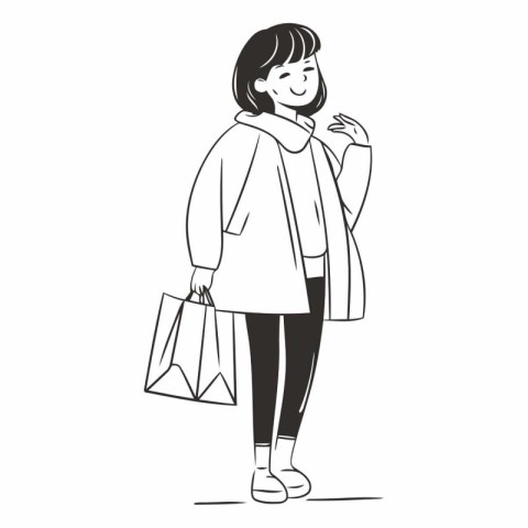 Vector illustration of a woman in a coat with a shopping bag.