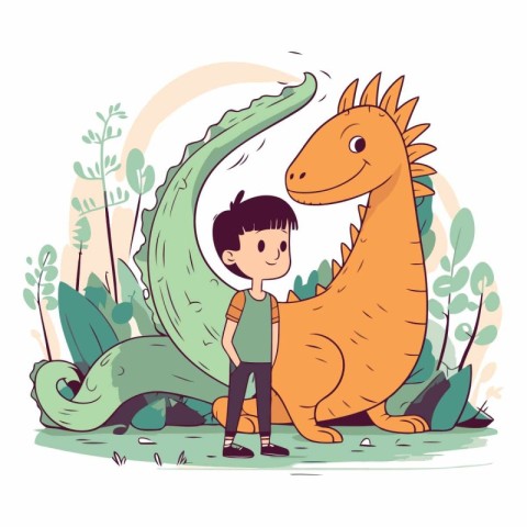 Cute little boy with dinosaur in the park.