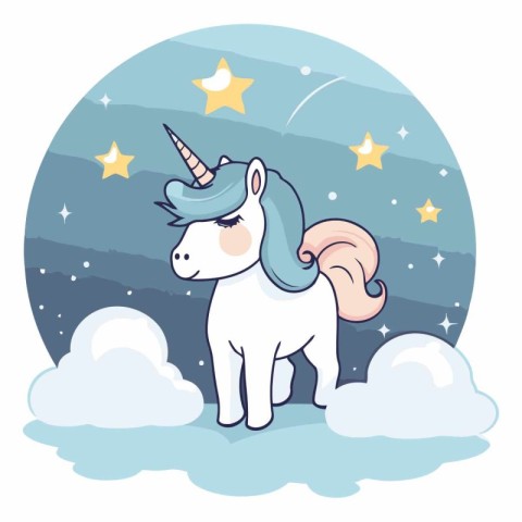 Cute cartoon unicorn on the cloud with stars.