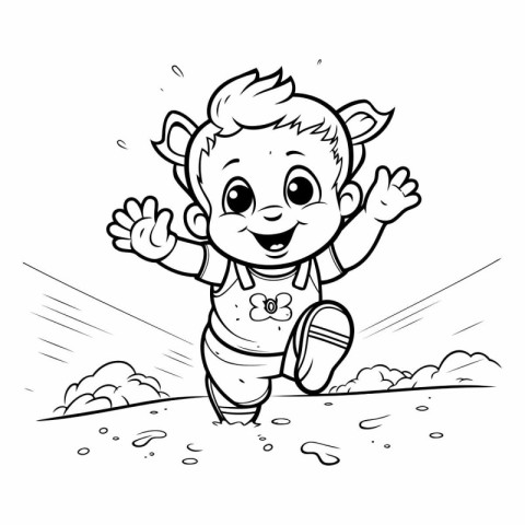 Cute Baby Boy Jumping Outdoors. Coloring Book Page