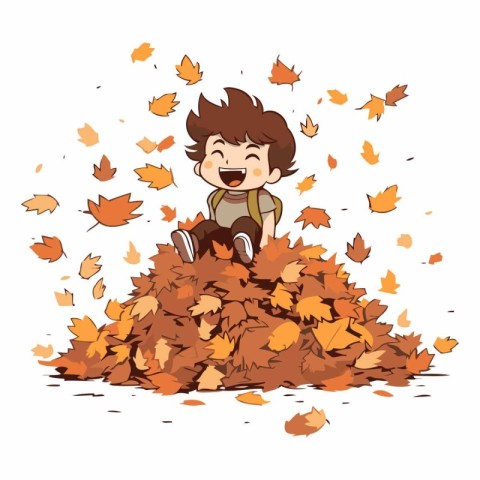 Boy playing in a pile of fallen leaves on white background.