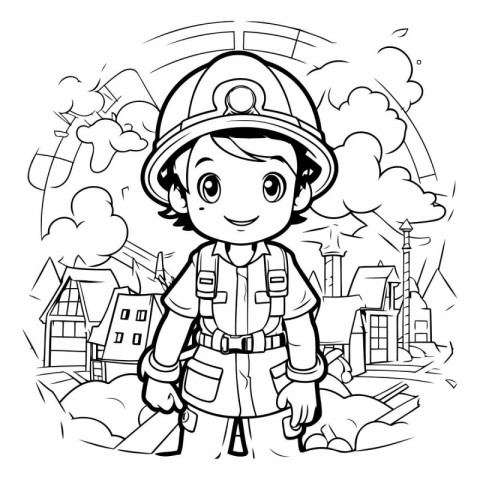 Black and White Cartoon Illustration of Kid Boy in Fireman Costu