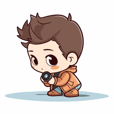 Cute little boy with a camera. Vector cartoon character illustra