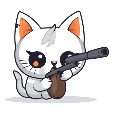 Cute white cat with gun character cartoon vector illustration gr