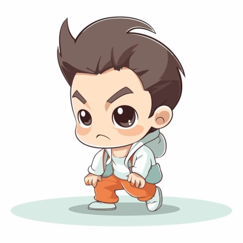 Cute little boy playing karate in cartoon style.