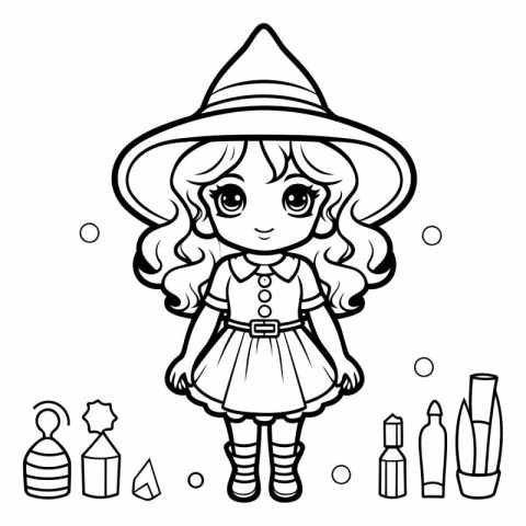 Coloring book for children: Cute girl in a hat and with cosmetic