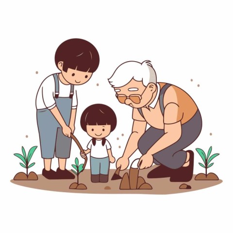 Grandfather and grandson planting tree in cartoon style.