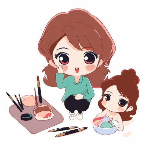 Illustration of a cute little girl doing makeup with her mother.