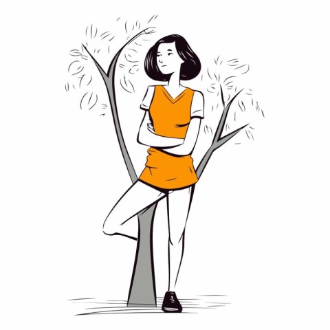 Beautiful young woman in orange short dress standing near the tr