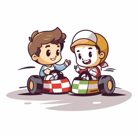 Cartoon kids playing kart race. Vector clip art illustration.