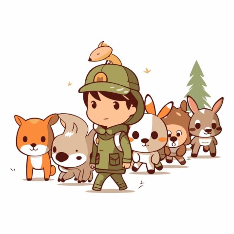 Cartoon boy scout with group of cute animals.